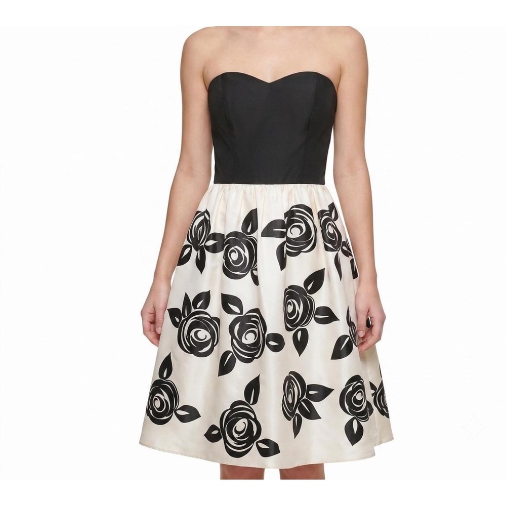 White House Black Market Strapless Rose Embroidered Flare Dress Black Cream Sz 4